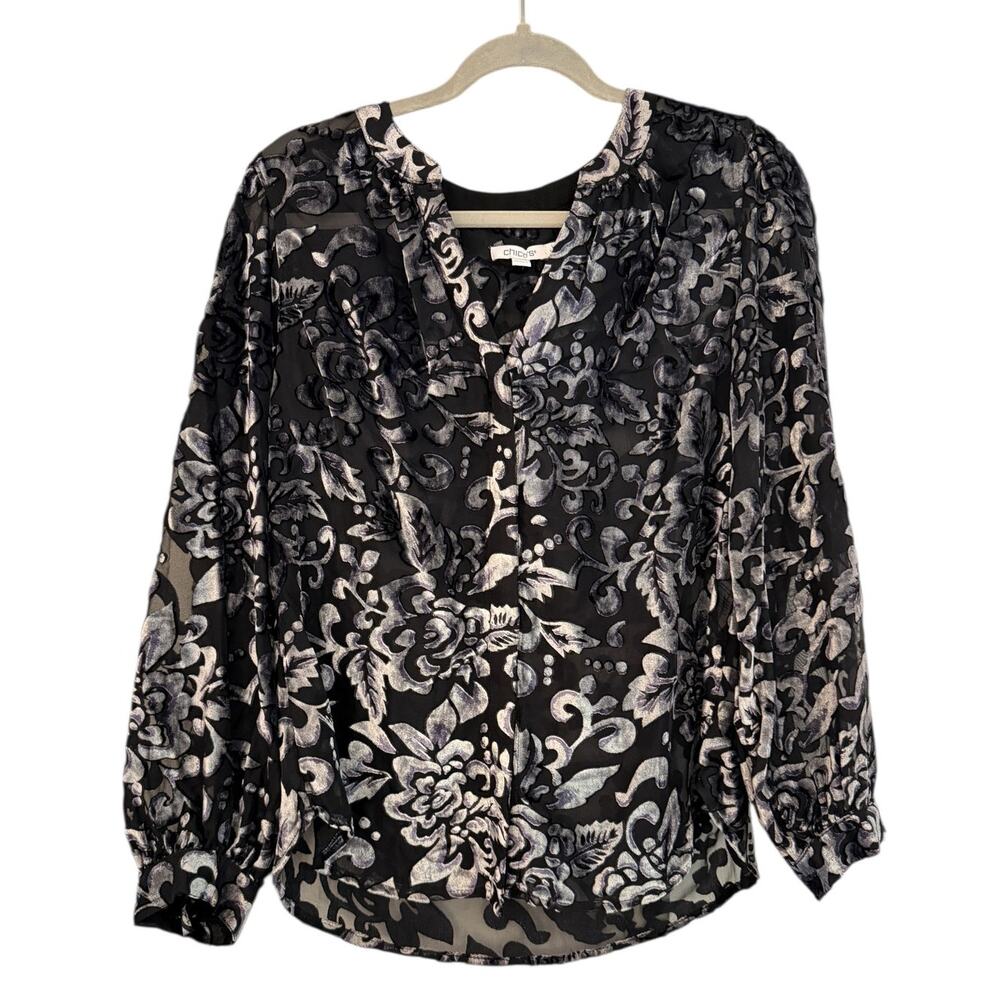 Chico's Black Burnout Velvet Blouson Sleeve Suplice Blouse M/8